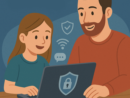 Niña acompañado por un adulto usando una computadora de forma segura, representando la seguridad digital para niños.