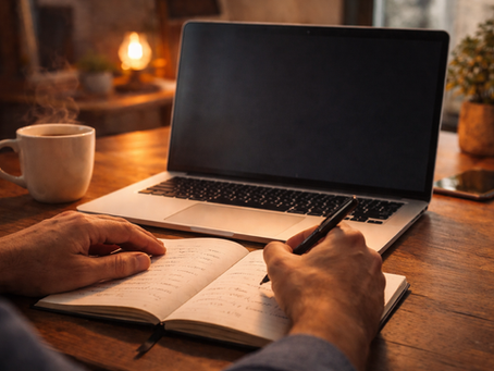 Persona escribiendo en un cuaderno junto a una laptop y una taza de café, en un momento de reflexión y pausa