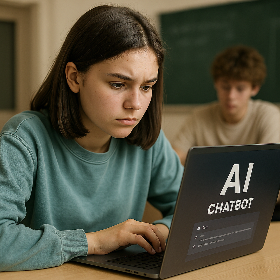 Adolescente en la escuela utilizando una laptop con inteligencia artificial para apoyar sus estudios, reflejando el impacto de la IA en la educación secundaria.