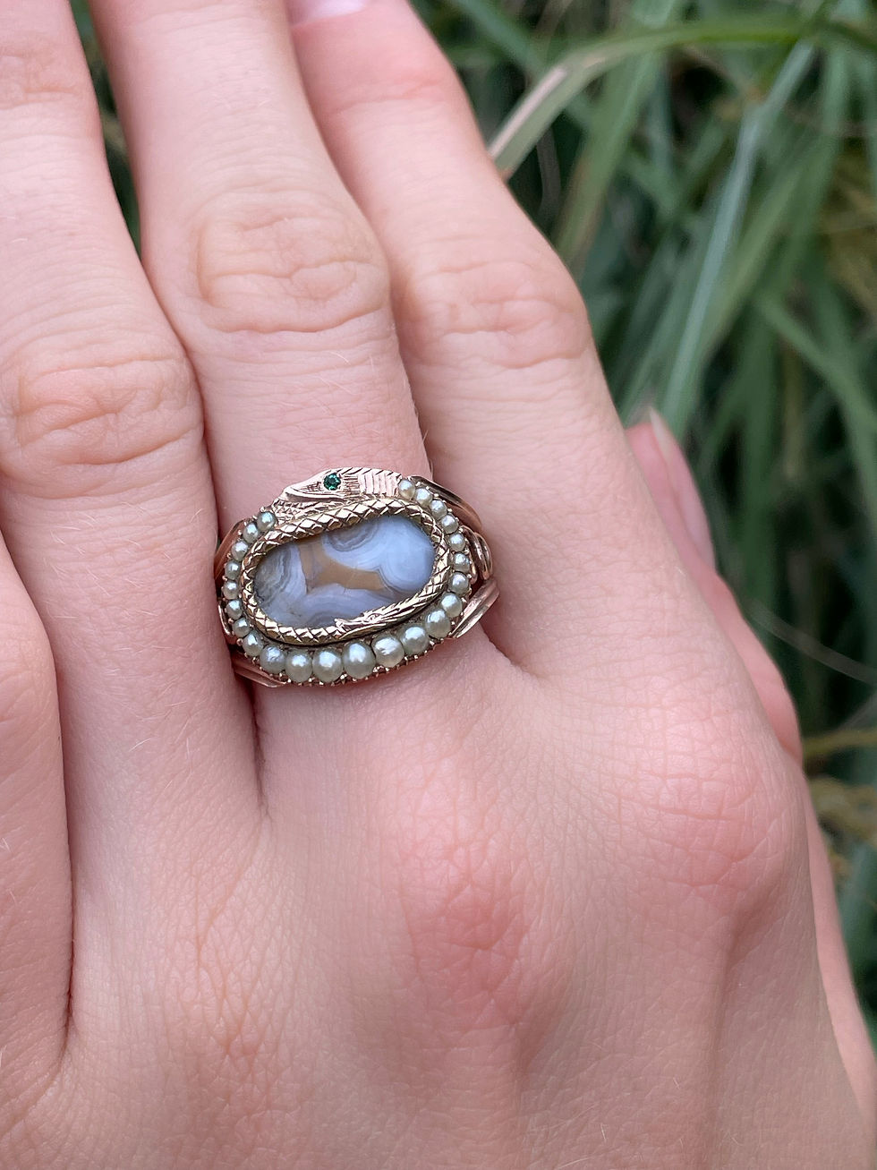 Thumbnail: Georgian Double Ouroboros And Pearl Ring