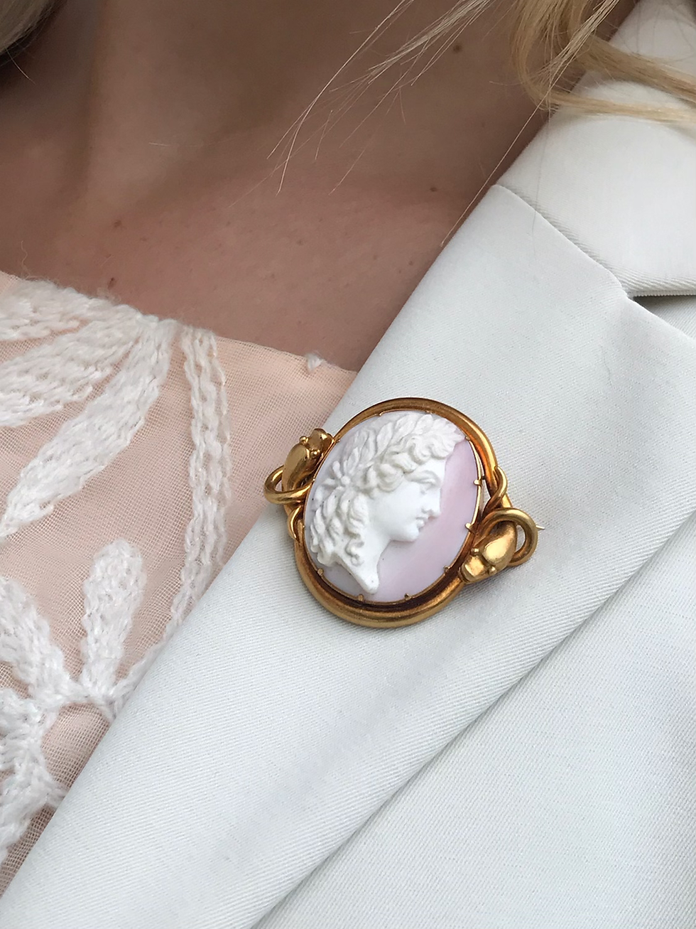 Thumbnail: Antique Angel Hair Cameo Brooch With Gold Double Snake Frame