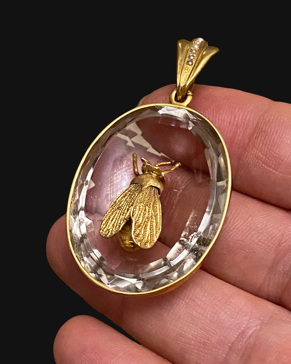 Thumbnail: Victorian 15 Carat Gold And Rock Crystal Bee Pendant 