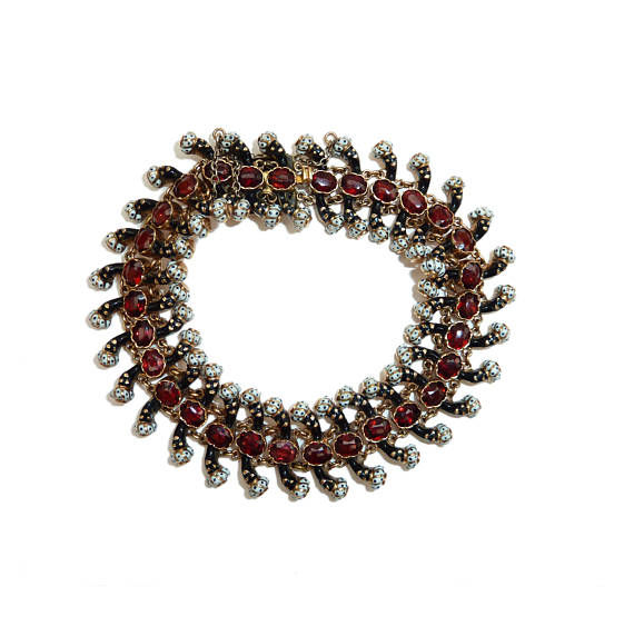 Thumbnail: Victorian Rare  Enamel And Garnet Bracelet On 18 Carat Gold