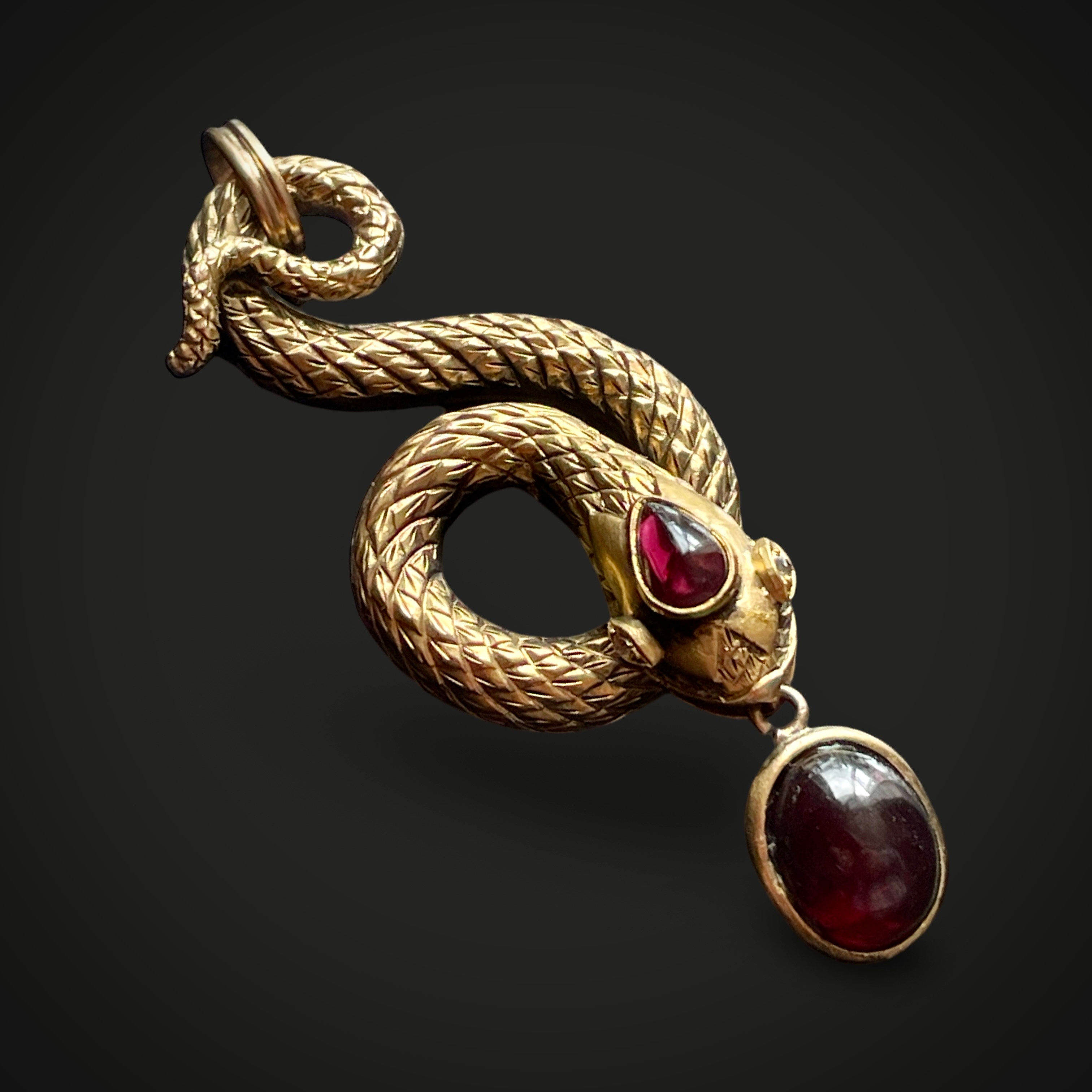 Victorian Chunky 15 Carat Snake Pendant With Garnet Drop