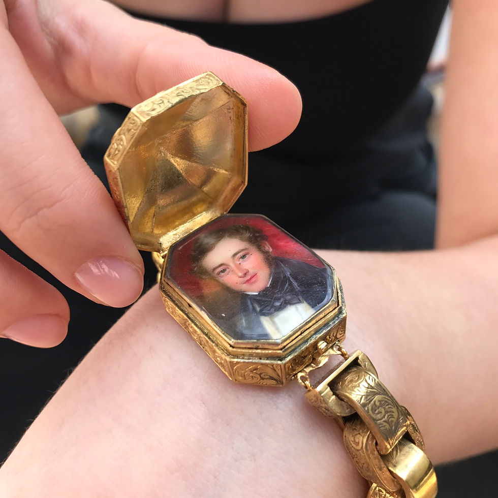 Thumbnail: Rare Georgian Pinchbeck Locket Bracelet With Watercolour Portrait Of A Gentleman