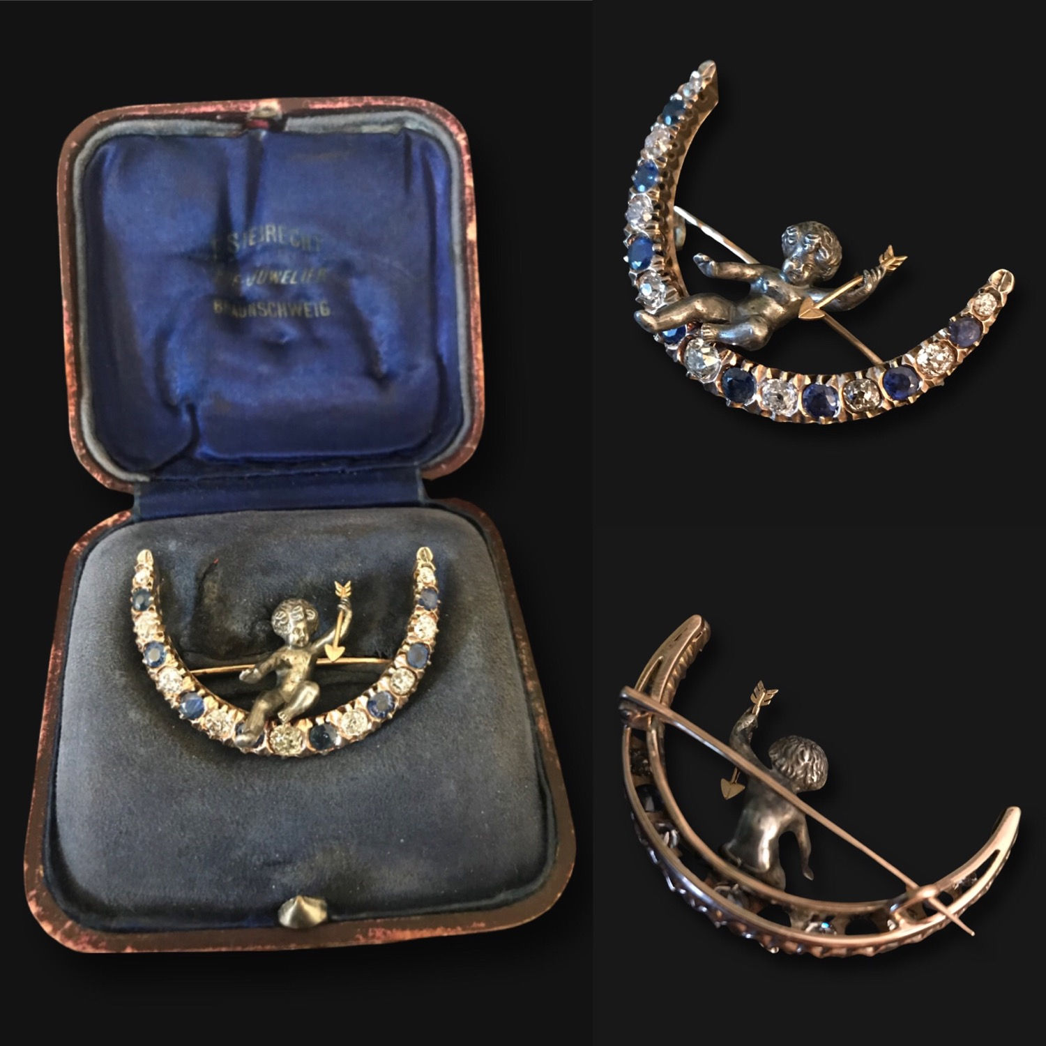 Cherub Crescent Brooch With Diamonds And Sapphires