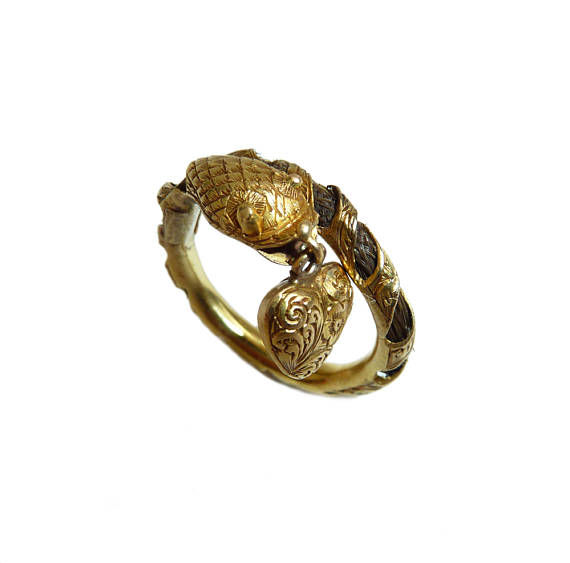 Thumbnail: Rare Georgian Snake Heart Dangle Mourning Ring Engraved M.J. With Hair