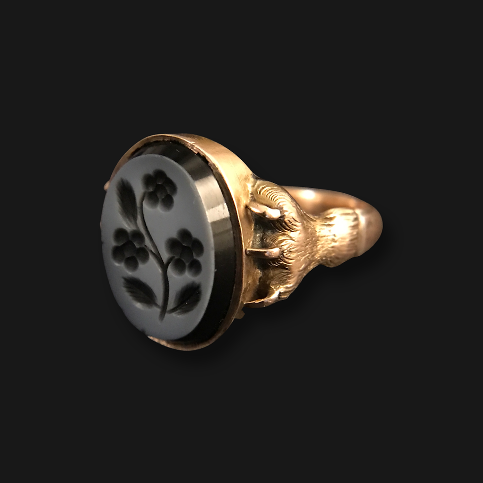 Thumbnail: Victorian 9 Carat Gold Bear Paw Ring With Sardonyx Intaglio