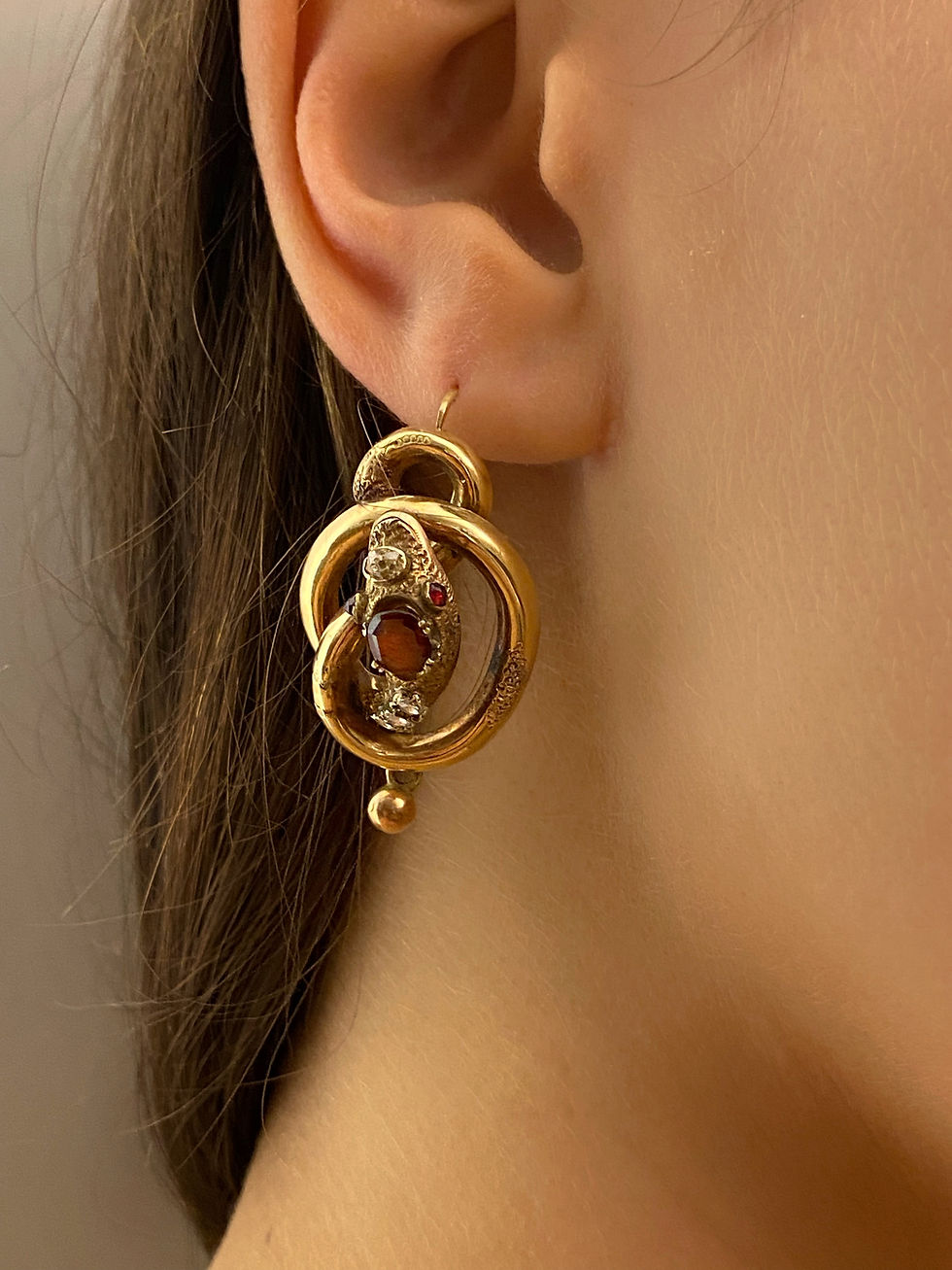 Thumbnail: Antique Old Cut Diamond And Garnet Snake Earrings