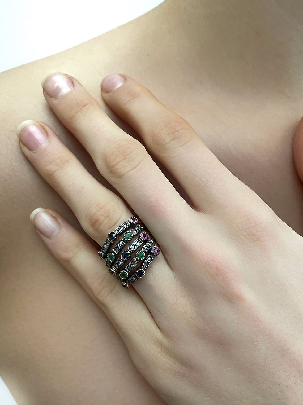 Thumbnail: 19th Century Gemstone Harem Ring In Fitted Box
