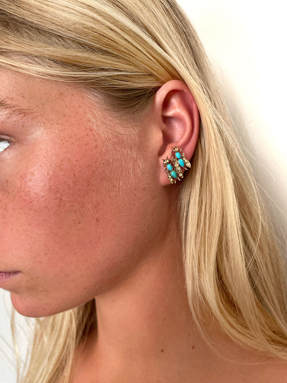 Thumbnail: Antique Turquoise And Diamond Fly Earrings 