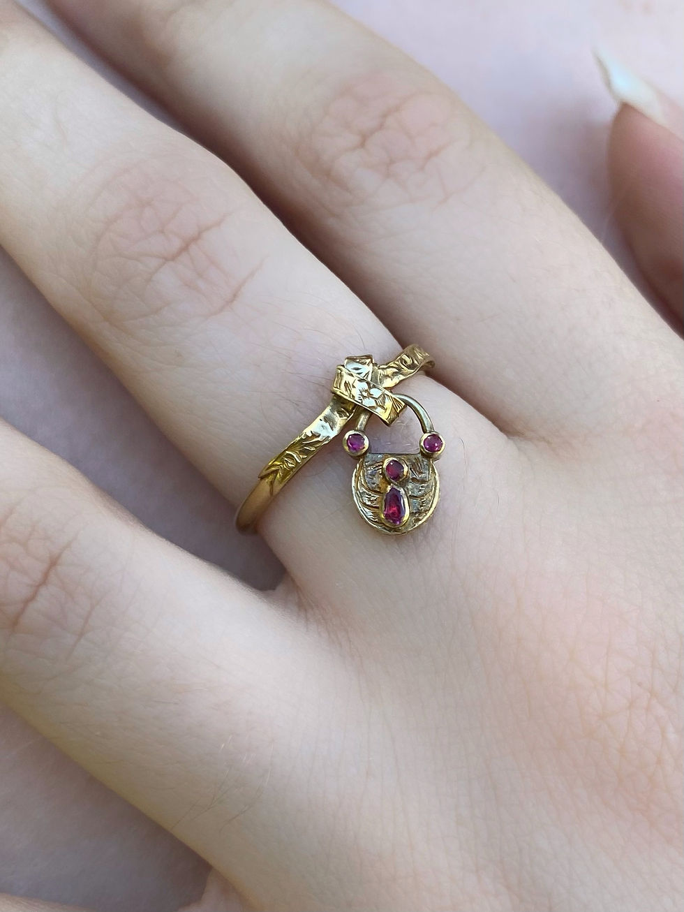Thumbnail: Victorian Ruby Padlock Charm Ring 