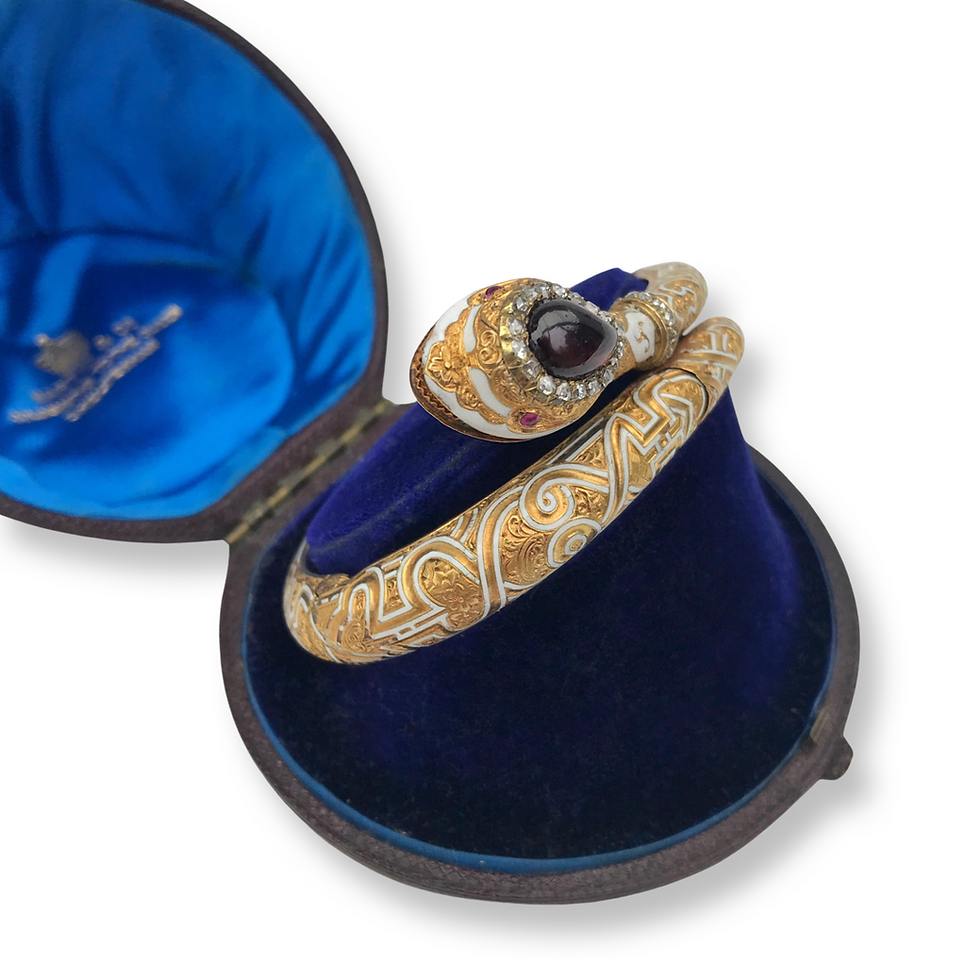 Thumbnail: 19th Century White Enamel Snake Bracelet With Garnet And Diamonds