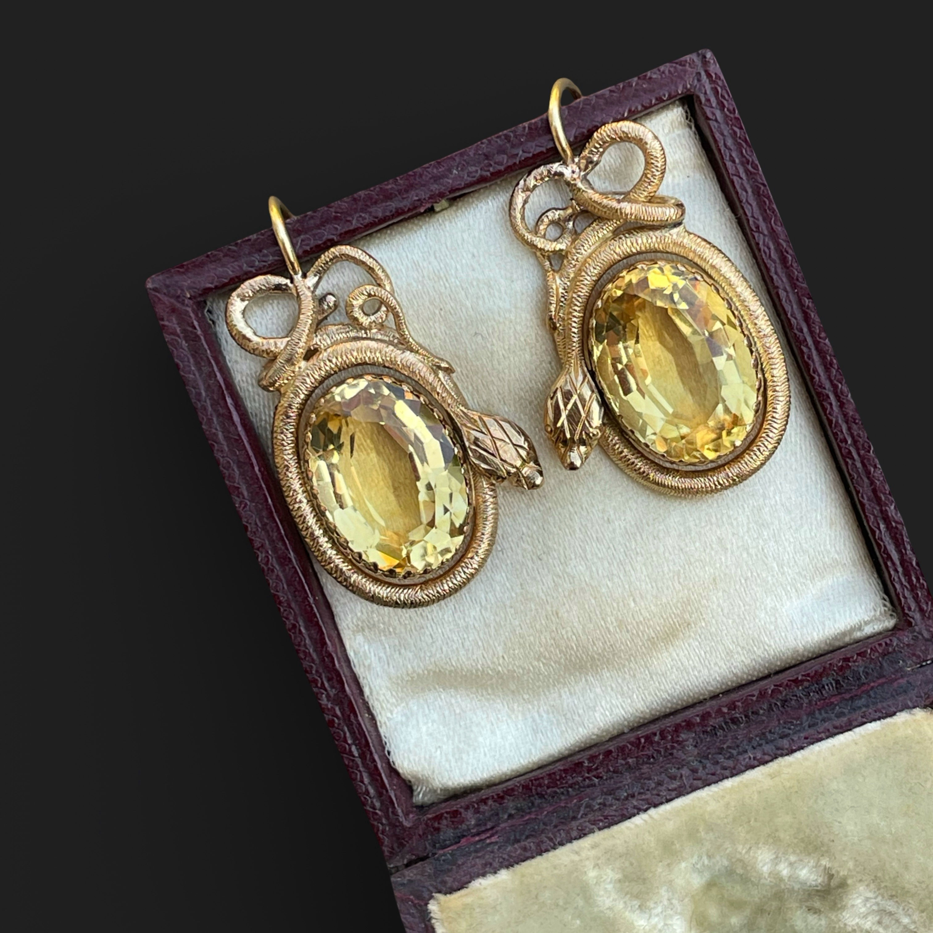 Antique Gold And Citrine Snake Earrings