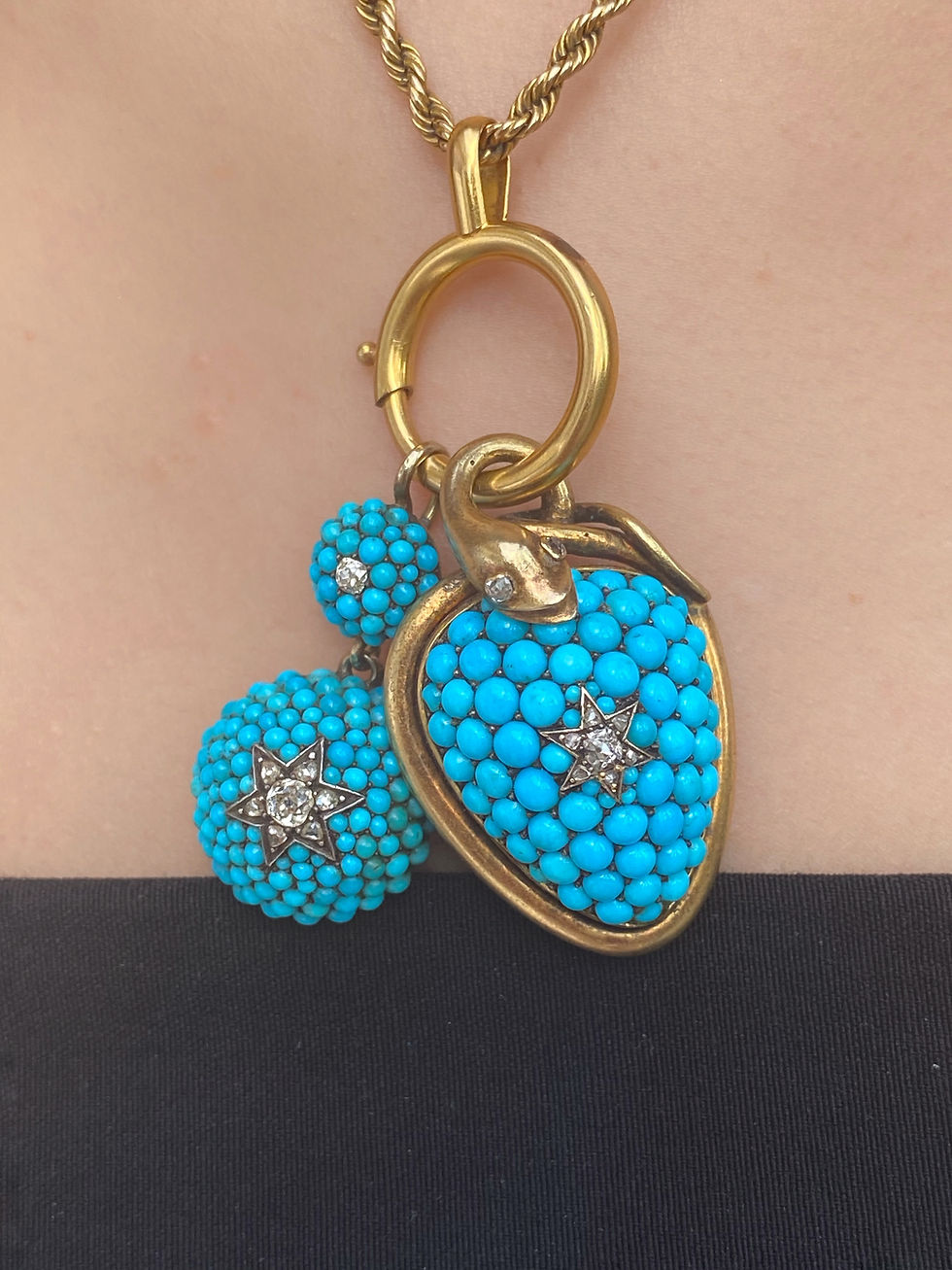 Thumbnail: Rare Victorian Pave Turquoise And Diamond Egg And Snake Locket