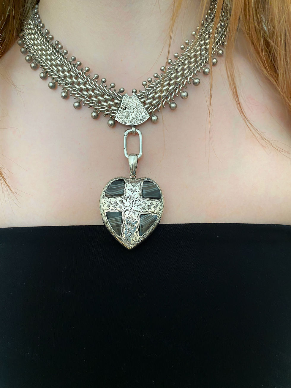 Thumbnail: Victorian Wide Silver Collar With Ball Detailing
