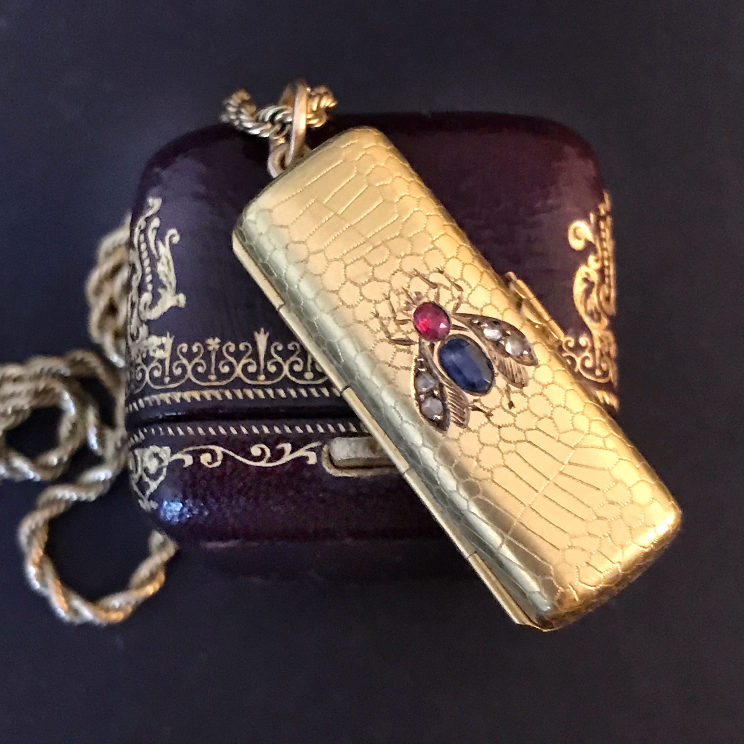 French 18 Carat Gold Locket With Diamond Ruby And Sapphire Fly