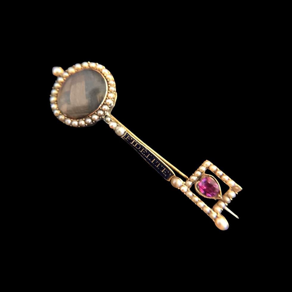 Thumbnail: Rare Fidelitie Key To My Heart Ruby And Pearl Brooch