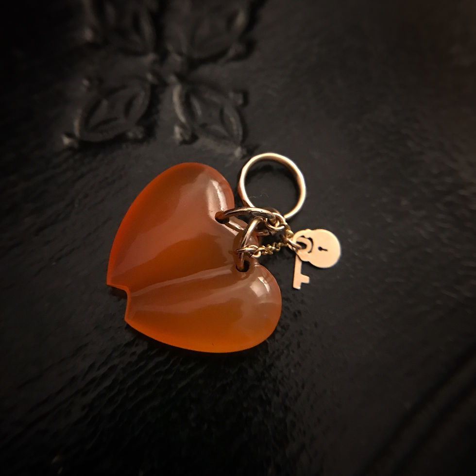 Thumbnail: Victorian Carnelian Twin Heart Pendant With Padlock And Key Charms 