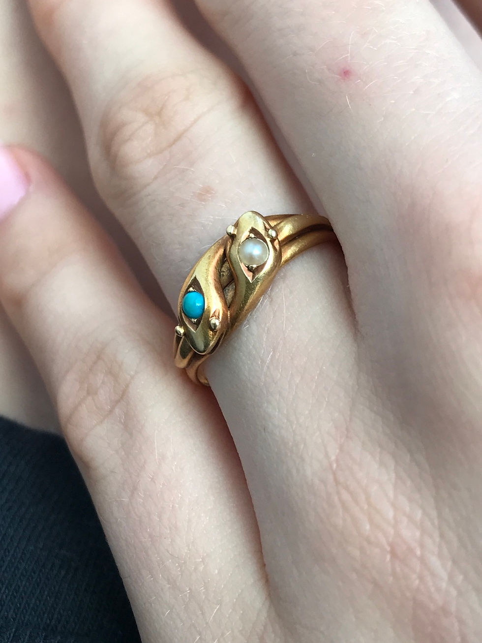 Thumbnail: 2 of 3 Skinny Double Snake Ring With Pearl and Turquoise