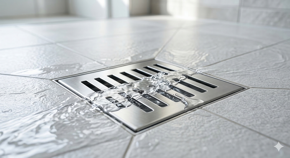 מים מתנקזים דרך סיבכת נירוסטה איכותית ברצפת מקלחת מעוצבת כפתרון לניקוז מקלחת איטי