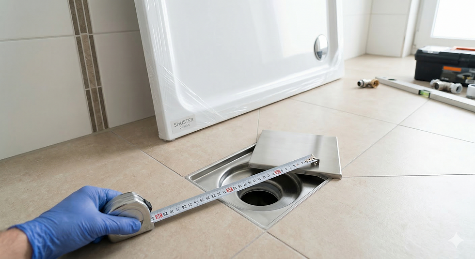 מדידת מיקום ניקוז מקלחת קיים בריצוף בעזרת סרט מדידה לצורך התאמת אגן מקלחת חדש ללא הריסה.