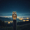 Magical owl sitting on a fence post at night, with a big beautiful view in the background