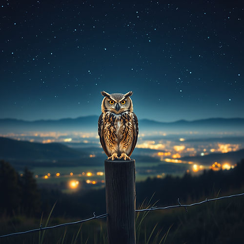 Magical owl sitting on a fence post at night, with a big beautiful view in the background 