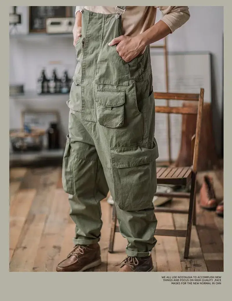 Thumbnail: Trendy Brand Straight Tube Multi Pocket Work Overalls Men's Light Green Hip-hop 