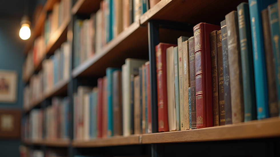 Eye-level view of a bookshelf filled with diverse books