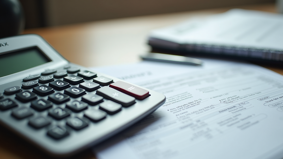 Close-up view of a calculator and tax forms on a desk