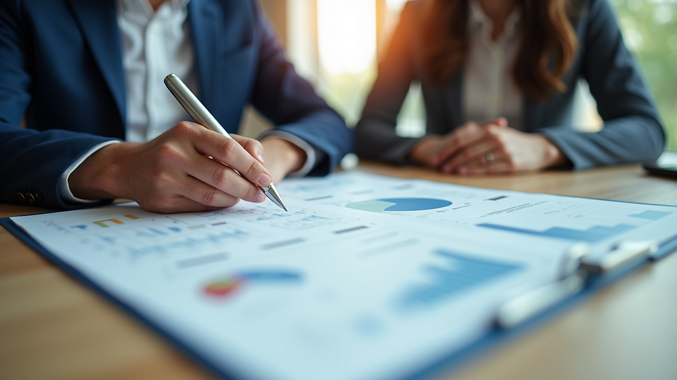 Close-up view of a business consultant reviewing financial documents with a small business owner