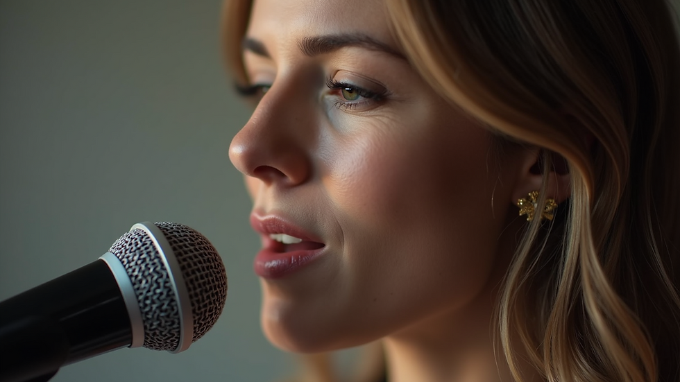 Close-up view of a vocal coach demonstrating singing techniques