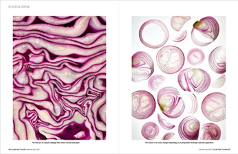 Abstract macro food photography of purple red cabbage layers and sliced red onion cross-sections in vivid magenta tones