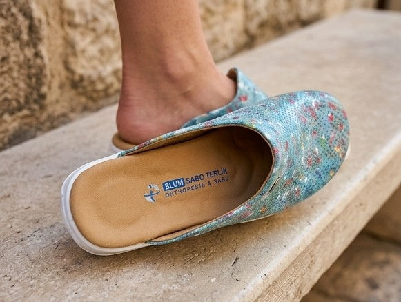 Küçük resim: Turkuaz Renk Desenli Hakiki Deri Kadın Ortopedik Anatomik ve Konforlu Terlik