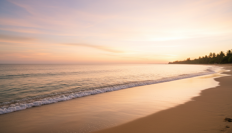Wide-angle view of a peaceful beach sunset with soft waves and glowing clouds.