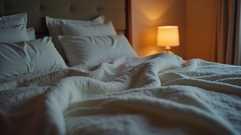Close-up view of a cozy bed with soft blankets and pillows in a dimly lit room