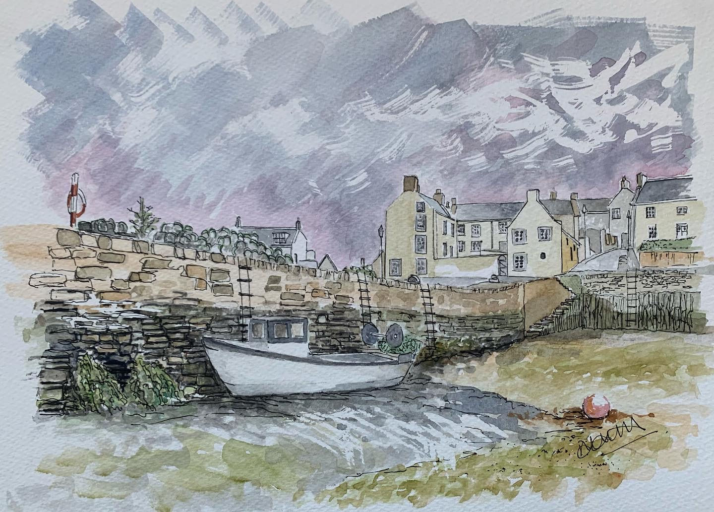 Portsoy with a white boat