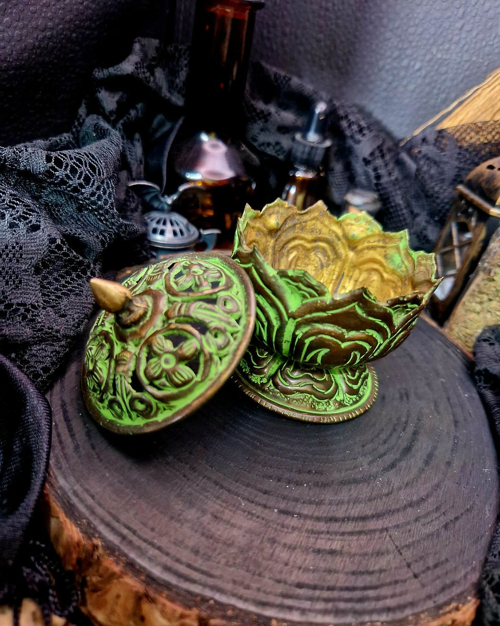 Miniature : Brûleur d'encens tibétain Verdigris en laiton
