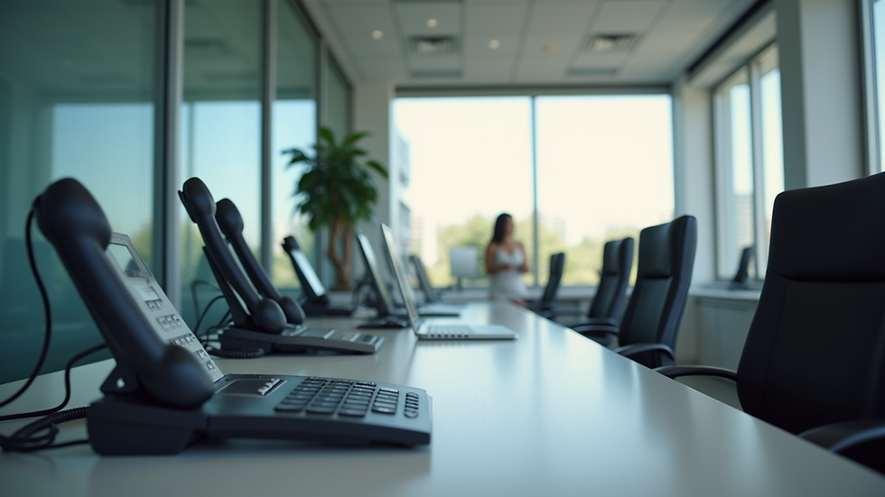 Eye-level view of a modern office with multiple communication devices