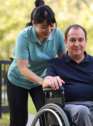 a female young asian (~30yo) occupational therapist assisting a white Australian client in