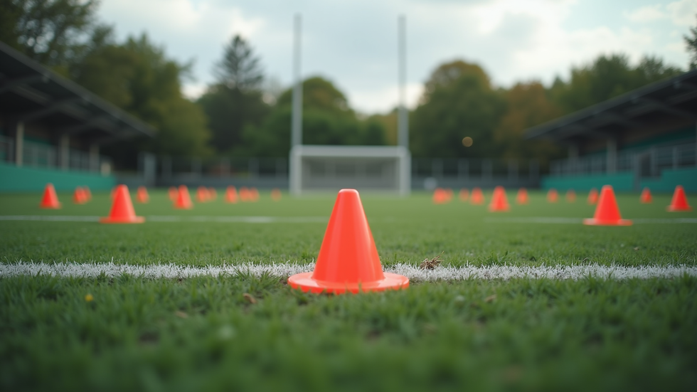 Eye-level view of a football field with training cones set up for drills