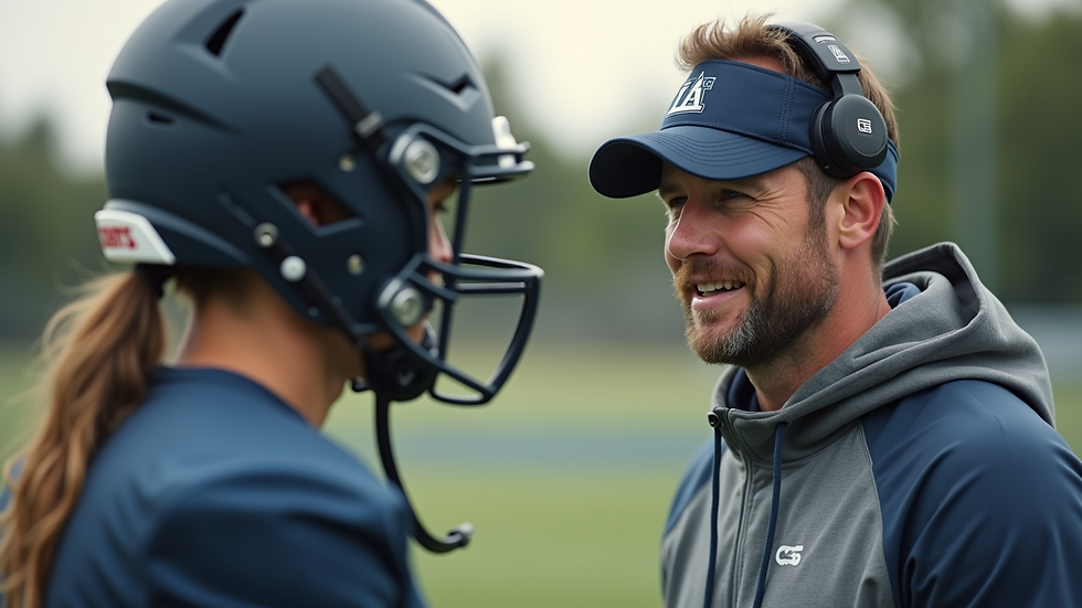 Close-up view of a football coach giving feedback to a player during a camp