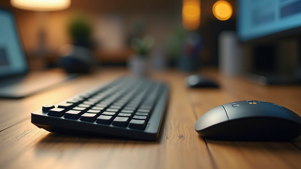Eye-level view of a keyboard with a wrist rest on a wooden desk