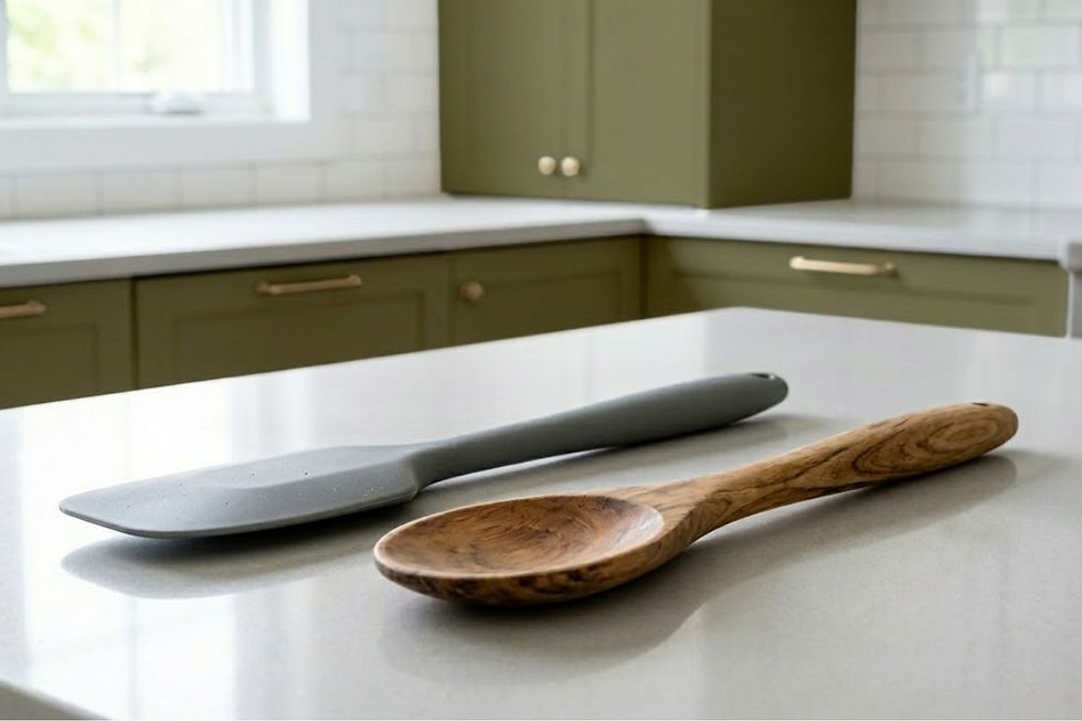 silicone spatula and wooden spoon made from safe cooking utensil materials