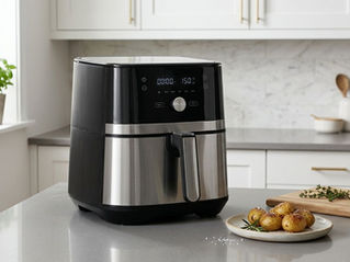 Compact family air fryer on a kitchen counter with roasted potatoes nearby.