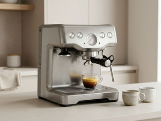 Home espresso machine brewing into a ceramic cup on a light wood counter in a bright kitchen