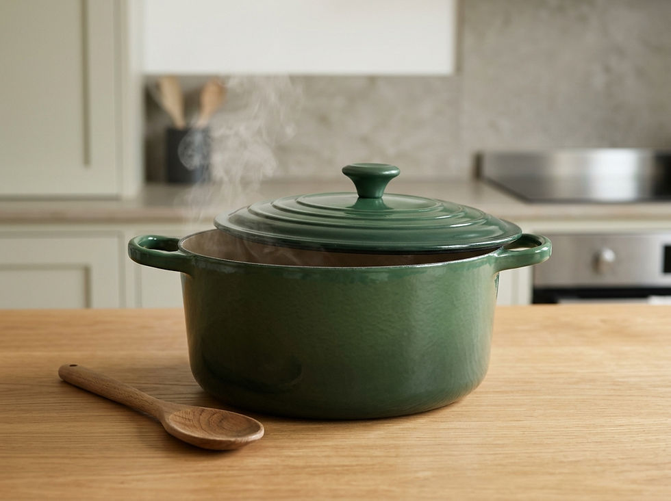 Green enameled Dutch oven with its lid slightly open on a wooden kitchen counter.