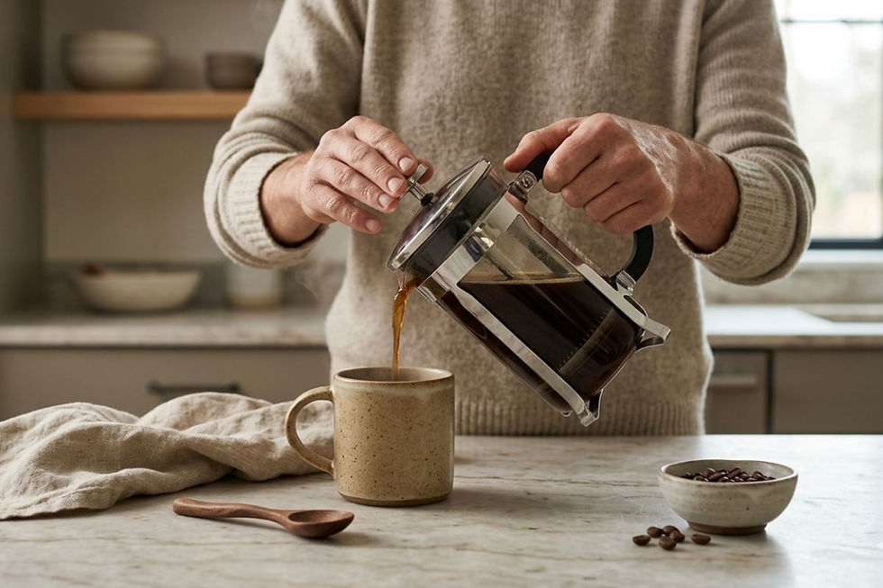 Person pouring coffee from a French press into a ceramic mug in a modern kitchen