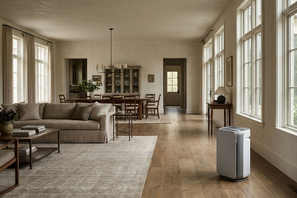 Air purifier positioned in a spacious living and dining room, illustrating why room size matters when comparing purifier coverage.